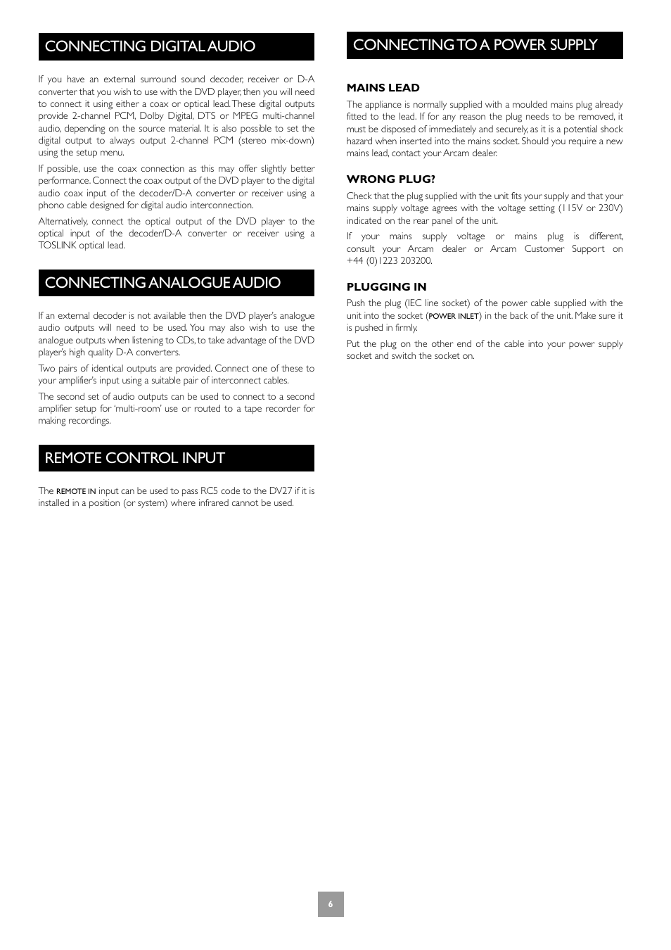 Connecting digital audio, Connecting analogue audio, Remote control input | Connecting to a power supply | Arcam Progressive Scan DVD Player DV27 User Manual | Page 6 / 21