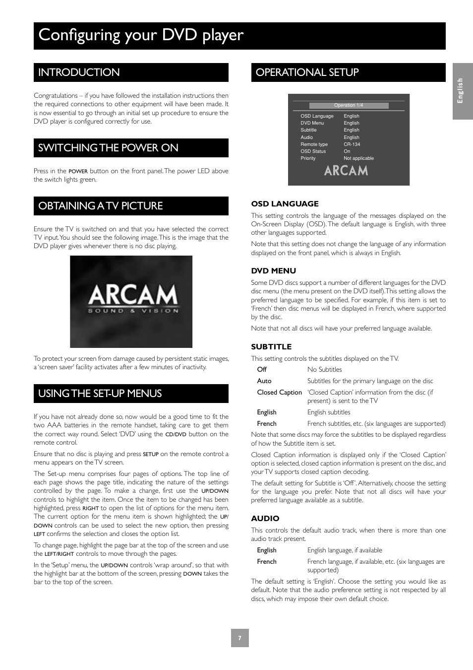 Configuring your dvd player, Introduction, Switching the power on | Obtaining a tv picture, Using the set-up menus, Operational setup | Arcam Progressive Scan DVD Player DV27 User Manual | Page 7 / 21