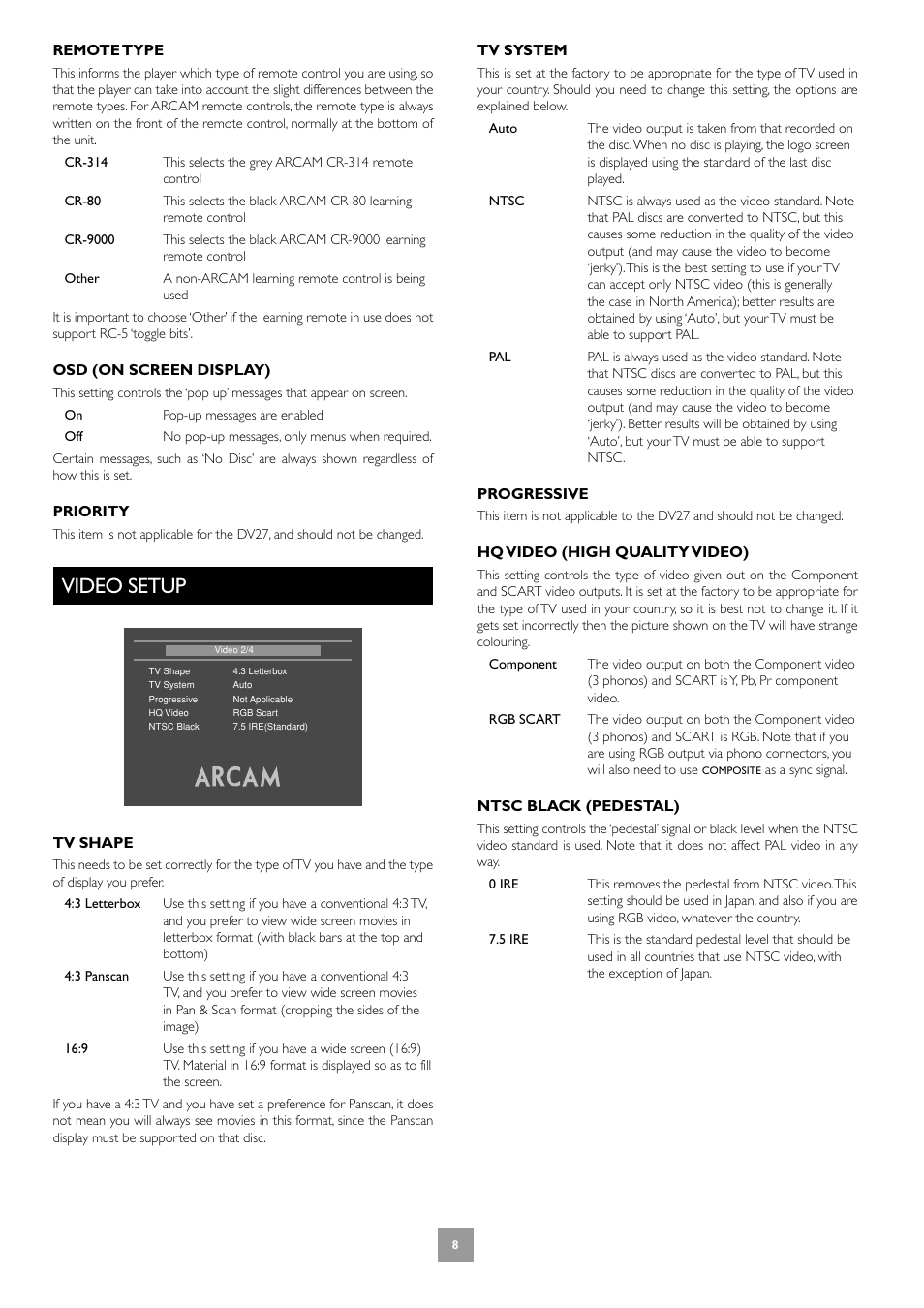 Video setup | Arcam Progressive Scan DVD Player DV27 User Manual | Page 8 / 21