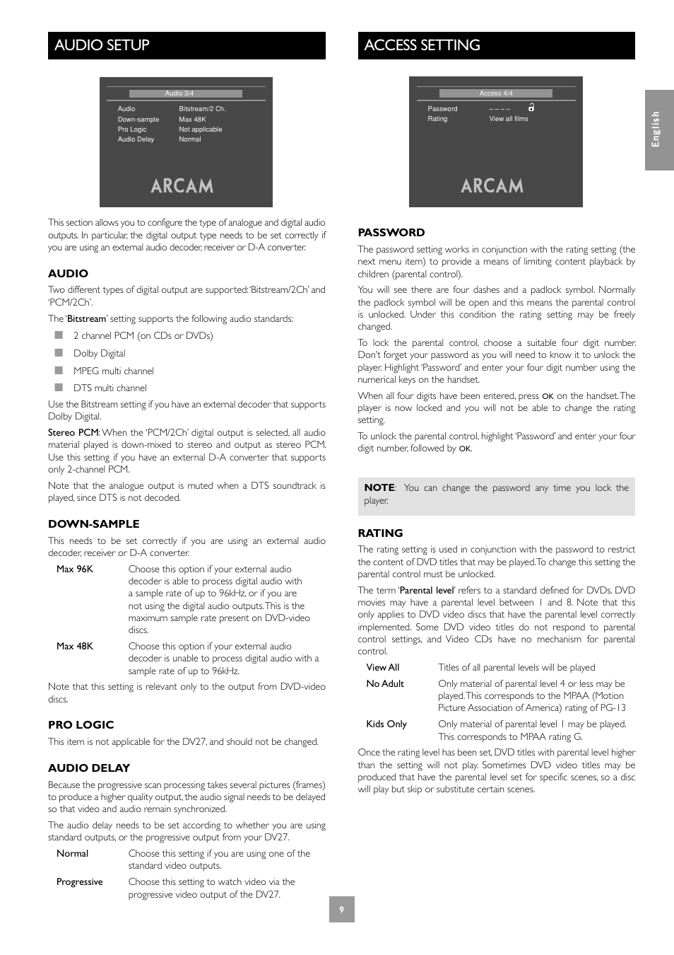 Access setting, Audio setup | Arcam Progressive Scan DVD Player DV27 User Manual | Page 9 / 21
