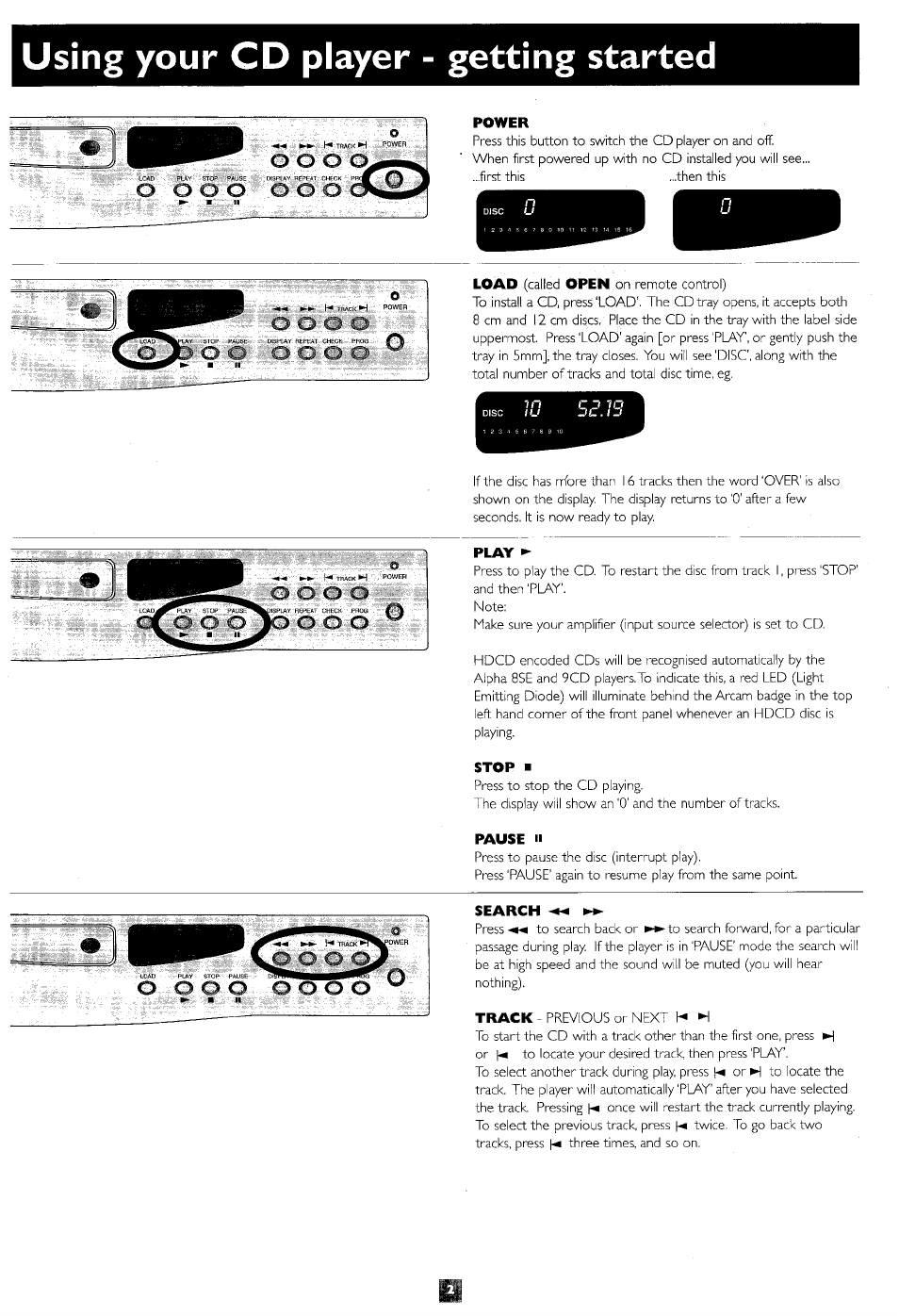 Using your cd player - getting started, Power, Play | Stop, Search mm, O o o, O o o'o .© o ,o | Arcam 9 User Manual | Page 3 / 8