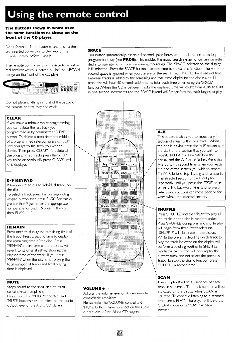 Using the remote control, Clear, 9 keypad | Remain, Mute, Space, Volume, Shuffle, Scan, Ittl i i | Arcam 9 User Manual | Page 5 / 8