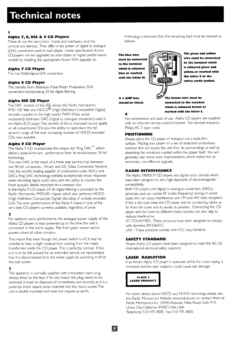 Technical notes, Alpha 7 cd player, Alpha 8 cd player | Alpha 8se cd player, Positioning, Radio interference, Safety standard, Laser radiation | Arcam 9 User Manual | Page 6 / 8