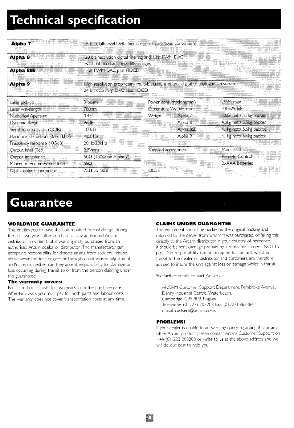Technical specification, Guarantee, Worldwide guarantee | Claims under guarantee | Arcam 9 User Manual | Page 7 / 8