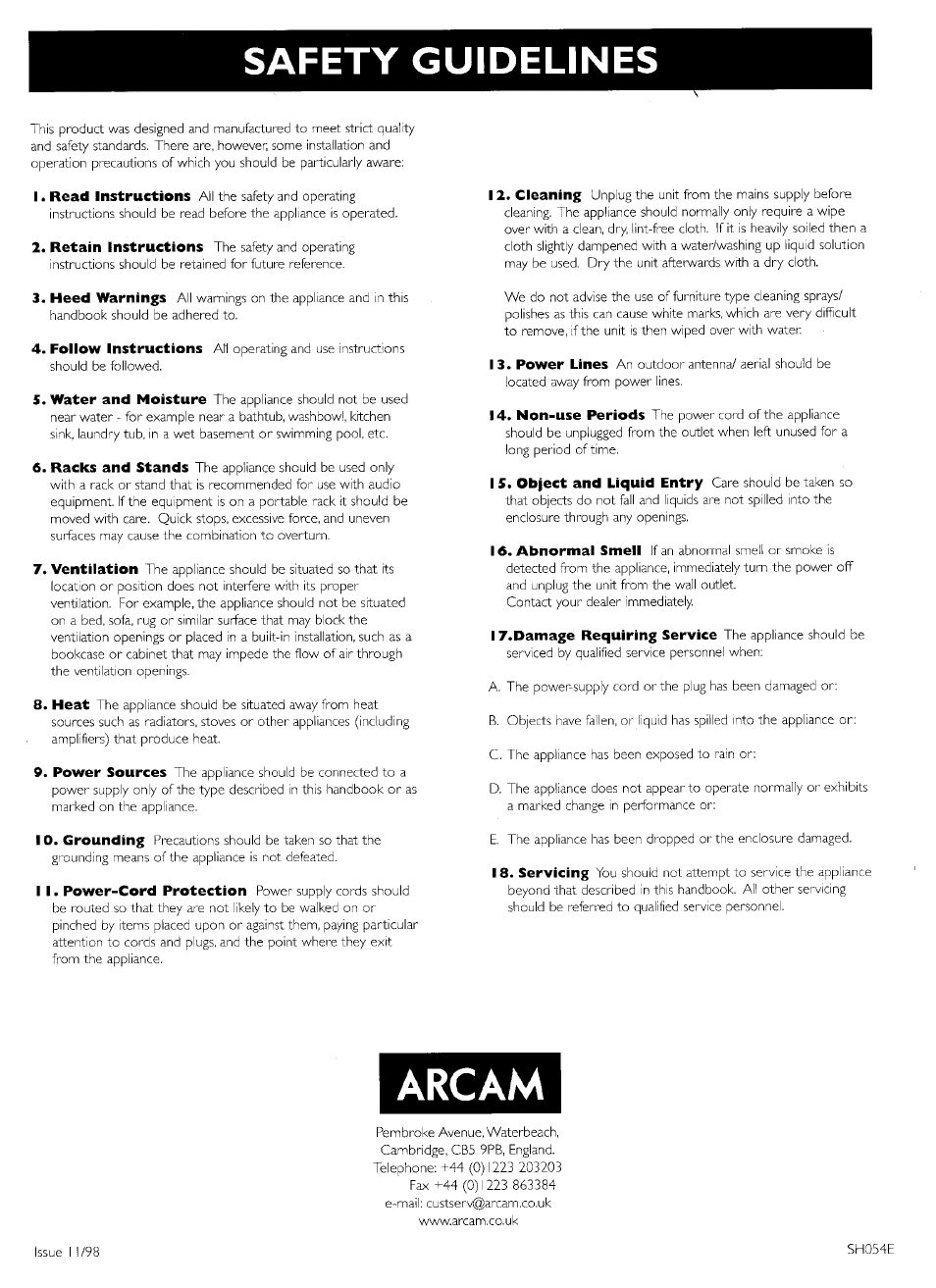 Safety guidelines, Arcam | Arcam 9 User Manual | Page 8 / 8