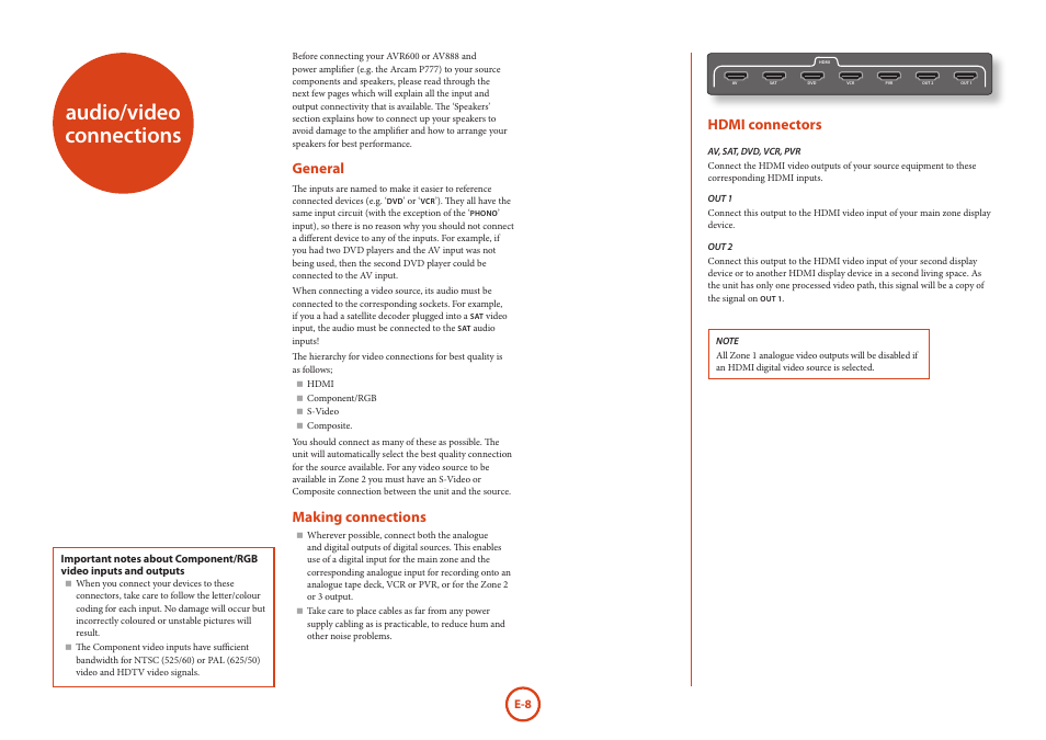 Audio/video connections, General, Making connections | Hdmi connectors | Arcam AVR Surround Amplifer AV888 User Manual | Page 10 / 68