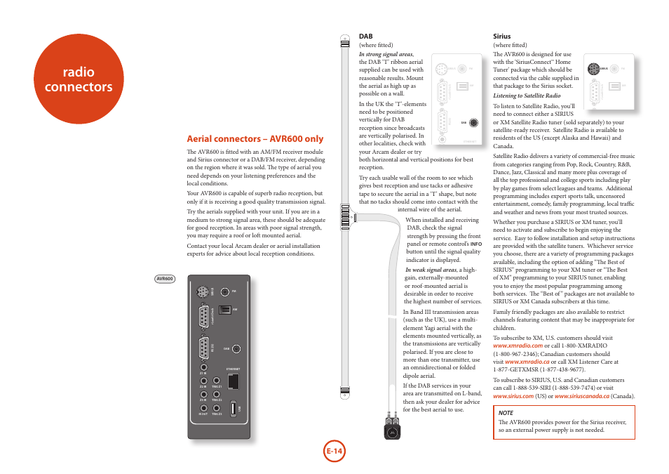 Radio connectors, Aerial connectors – avr600 only, E-14 | Arcam AVR Surround Amplifer AV888 User Manual | Page 16 / 68