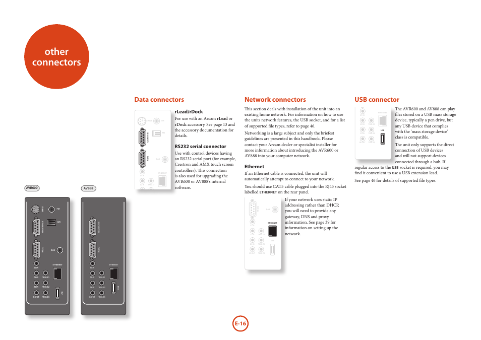 Other connectors, Data connectors, Network connectors | Usb connector, E-16, Rlead/rdock, Rs232 serial connector, Ethernet | Arcam AVR Surround Amplifer AV888 User Manual | Page 18 / 68