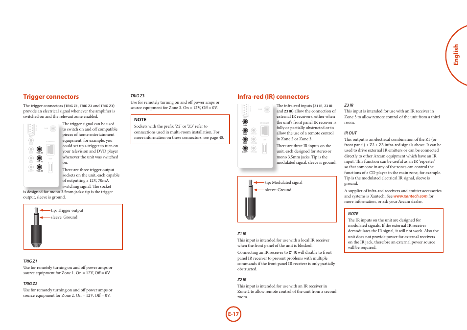 English trigger connectors, Infra-red (ir) connectors, E-17 | Arcam AVR Surround Amplifer AV888 User Manual | Page 19 / 68