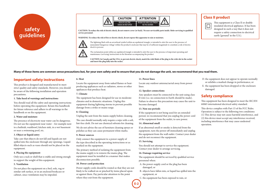 Safety guidelines, Important safety instructions, Safety compliance | Class ii product | Arcam AVR Surround Amplifer AV888 User Manual | Page 2 / 68