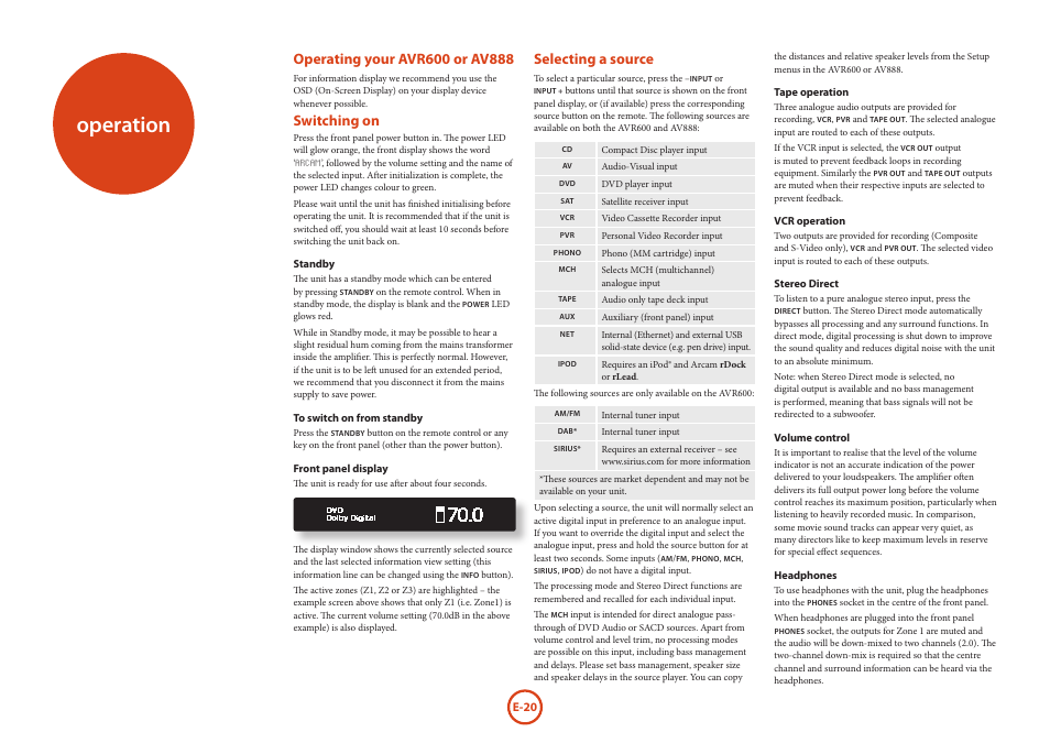 Operation, Switching on, Selecting a source | Arcam AVR Surround Amplifer AV888 User Manual | Page 22 / 68