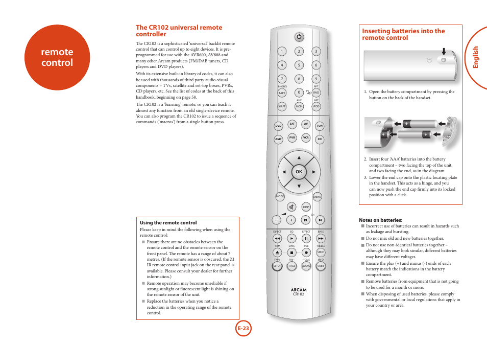 Remote control, The cr102 universal remote controller | Arcam AVR Surround Amplifer AV888 User Manual | Page 25 / 68