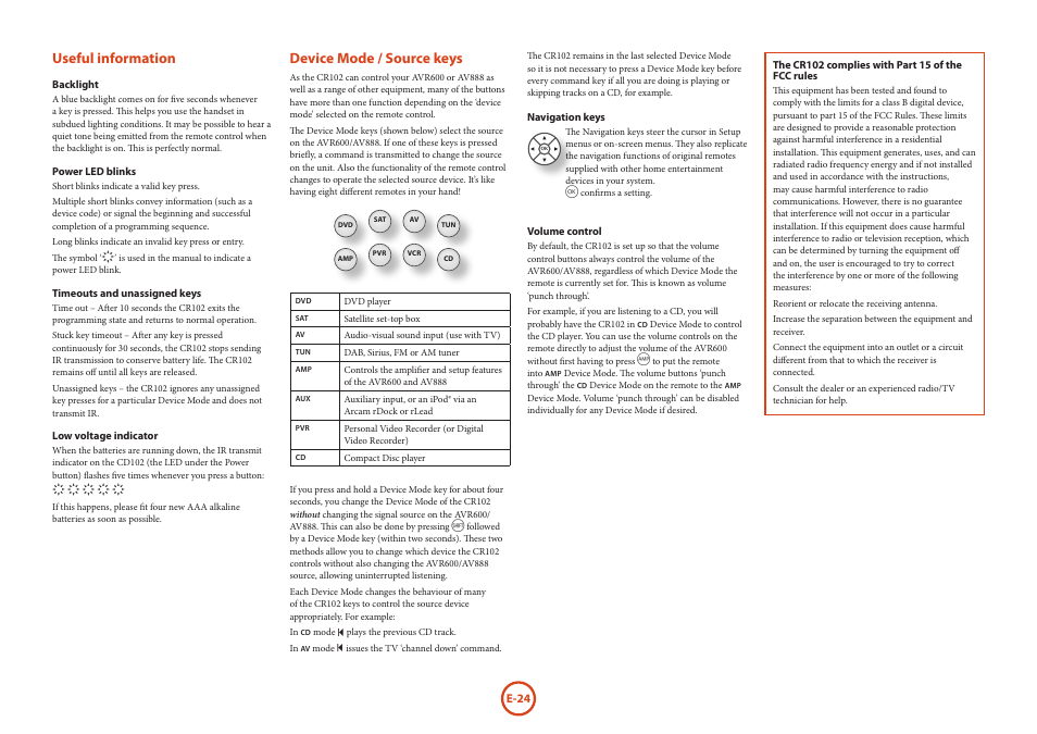 Useful information, Device mode / source keys | Arcam AVR Surround Amplifer AV888 User Manual | Page 26 / 68