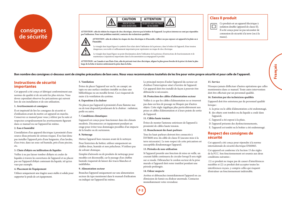 Consignes de sécurité, Fr anç ais, Instructions de sécurité importantes | Respect des consignes de sécurité, Class ii produit | Arcam AVR Surround Amplifer AV888 User Manual | Page 3 / 68