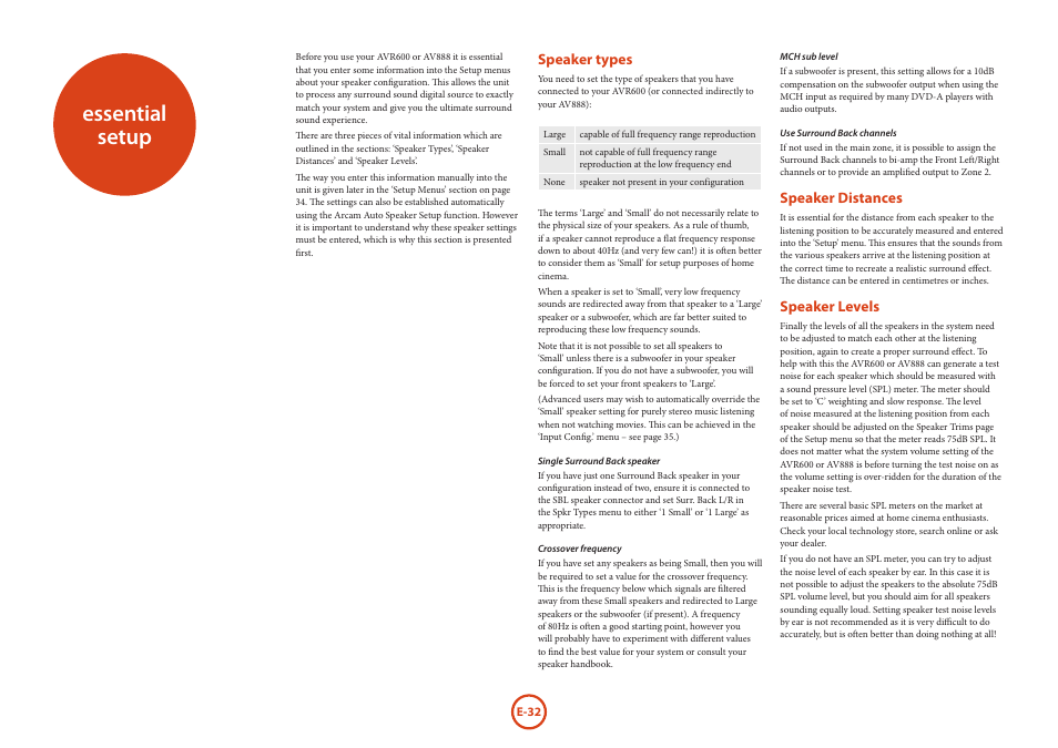 Essential setup, Speaker types, Speaker distances | Speaker levels | Arcam AVR Surround Amplifer AV888 User Manual | Page 34 / 68