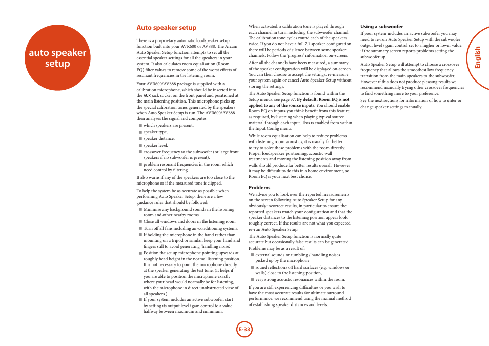 Auto speaker setup, English | Arcam AVR Surround Amplifer AV888 User Manual | Page 35 / 68