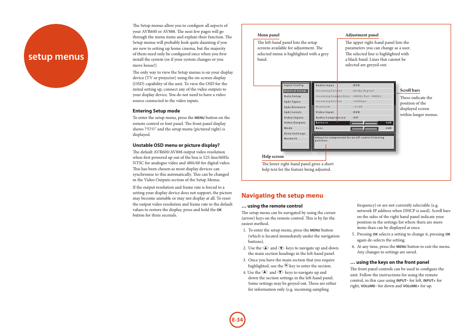 Setup menus, Navigating the setup menu | Arcam AVR Surround Amplifer AV888 User Manual | Page 36 / 68