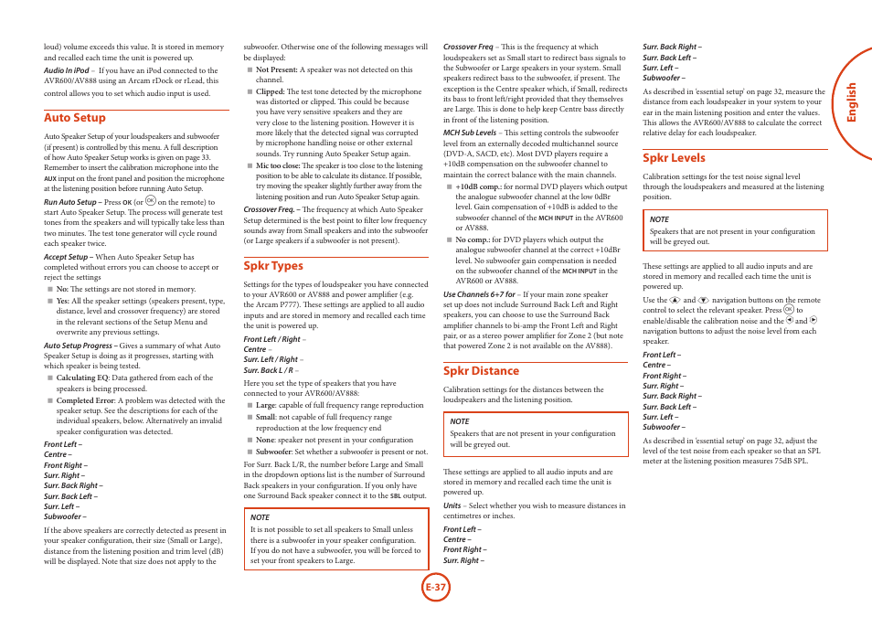 English, Auto setup, Spkr types | Spkr distance, Spkr levels | Arcam AVR Surround Amplifer AV888 User Manual | Page 39 / 68