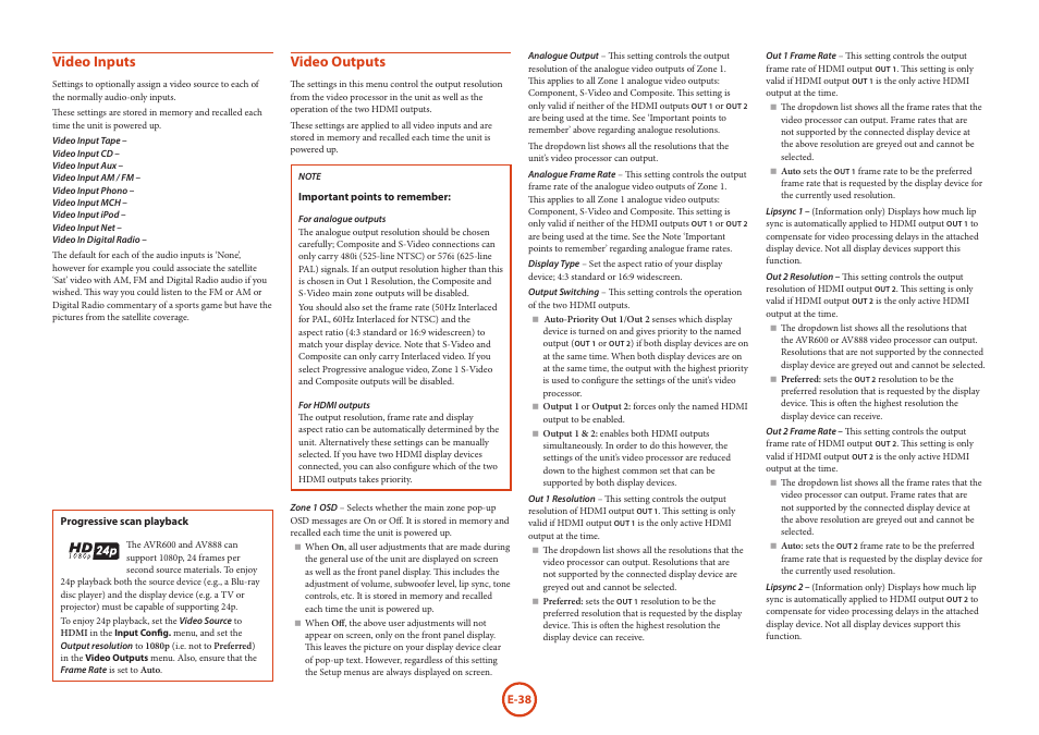 Video inputs, Video outputs | Arcam AVR Surround Amplifer AV888 User Manual | Page 40 / 68