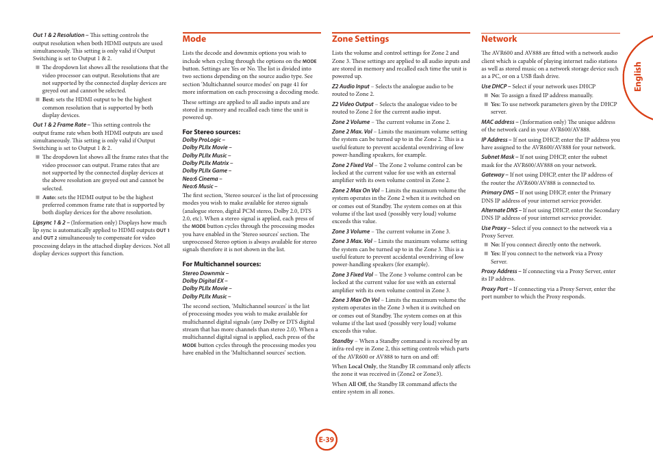 English, Mode, Zone settings | Network | Arcam AVR Surround Amplifer AV888 User Manual | Page 41 / 68