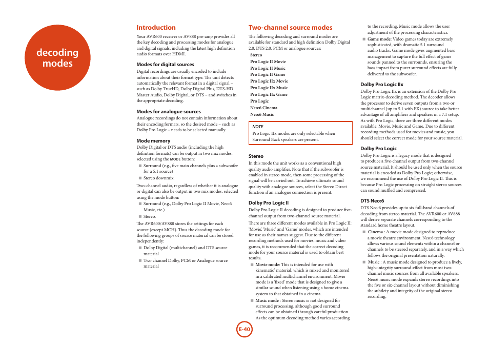 Decoding modes, Introduction, Two-channel source modes | Arcam AVR Surround Amplifer AV888 User Manual | Page 42 / 68