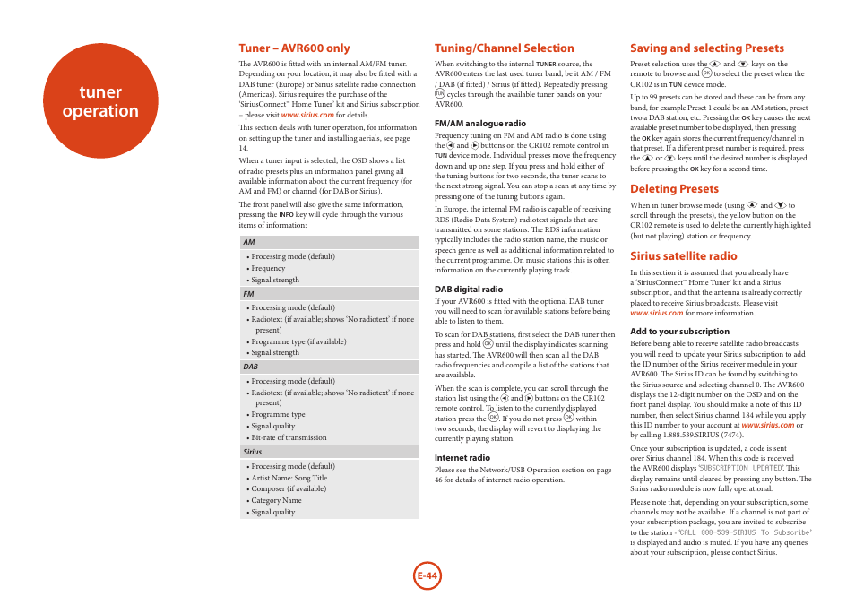 Tuner operation, Tuner – avr600 only, Tuning/channel selection | Saving and selecting presets, Deleting presets, Sirius satellite radio | Arcam AVR Surround Amplifer AV888 User Manual | Page 46 / 68