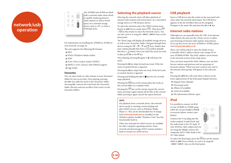 Network/usb operation, Selecting the playback source, Usb playback | Internet radio stations, Ipod | Arcam AVR Surround Amplifer AV888 User Manual | Page 48 / 68