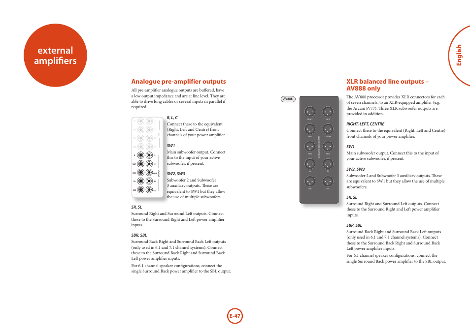 External amplifiers, English xlr balanced line outputs – av888 only, Analogue pre-amplifier outputs | E-47 | Arcam AVR Surround Amplifer AV888 User Manual | Page 49 / 68