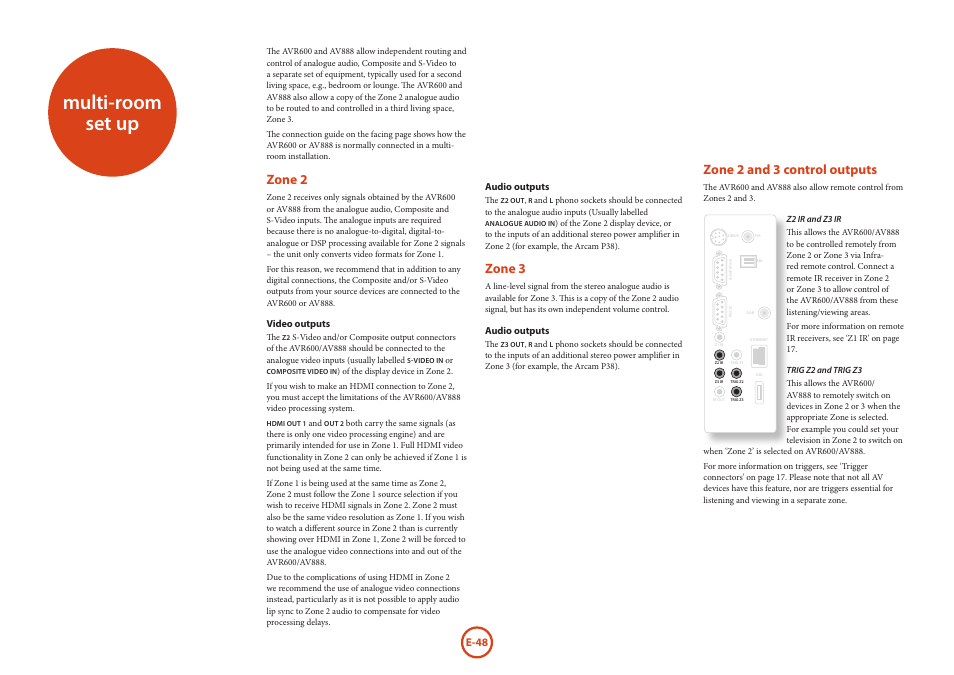 Multi-room set up, Zone 2 and 3 control outputs, Zone 2 | Zone 3 | Arcam AVR Surround Amplifer AV888 User Manual | Page 50 / 68