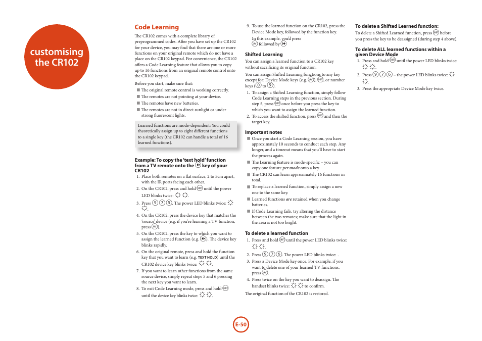 Customising the cr102, Code learning | Arcam AVR Surround Amplifer AV888 User Manual | Page 52 / 68