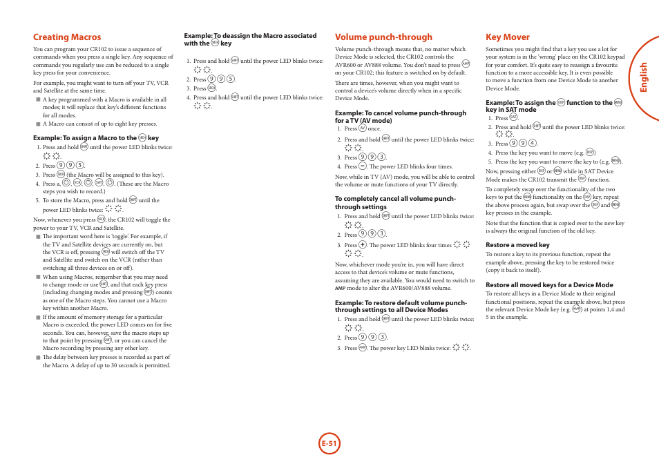 English, Volume punch-through, Key mover | Creating macros | Arcam AVR Surround Amplifer AV888 User Manual | Page 53 / 68