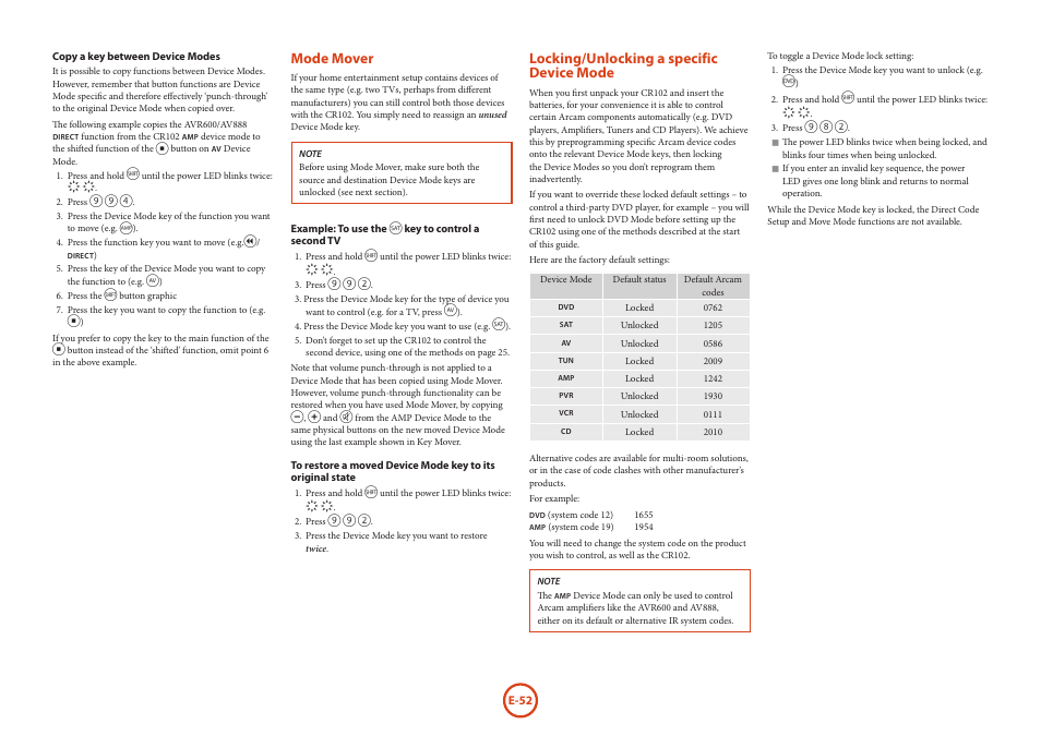 Mode mover, Locking/unlocking a specific device mode | Arcam AVR Surround Amplifer AV888 User Manual | Page 54 / 68