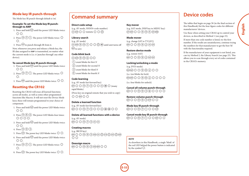 Device codes, Command summary, English | Mode key ir punch-through, Resetting the cr102 | Arcam AVR Surround Amplifer AV888 User Manual | Page 55 / 68