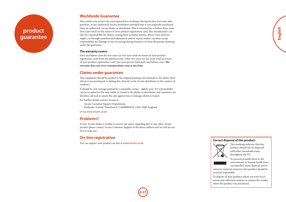 Product guarantee | Arcam AVR Surround Amplifer AV888 User Manual | Page 59 / 68