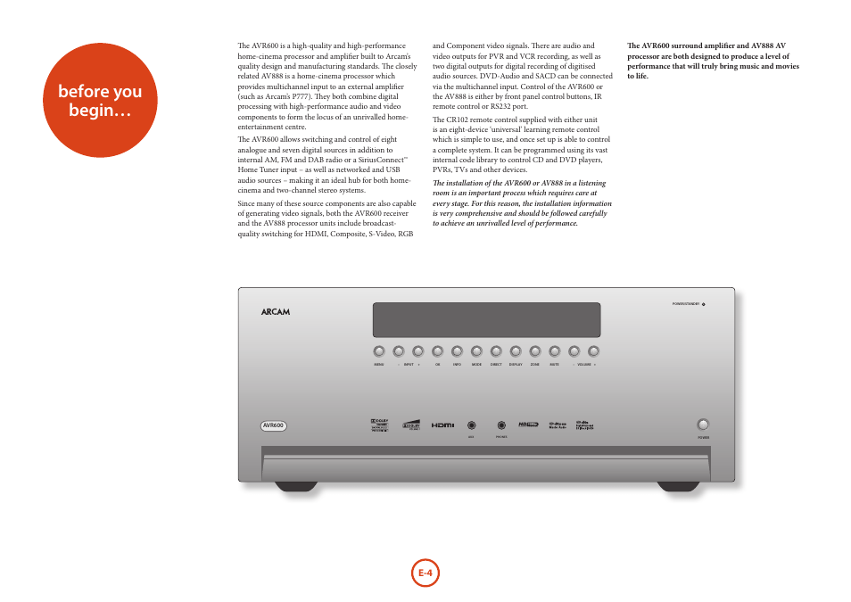 Before you begin | Arcam AVR Surround Amplifer AV888 User Manual | Page 6 / 68