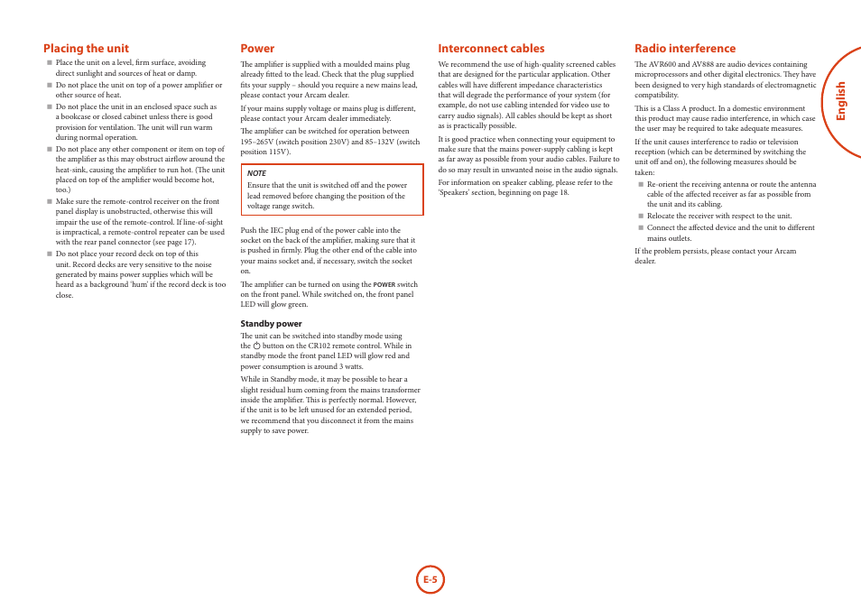 English placing the unit, Power, Interconnect cables | Radio interference | Arcam AVR Surround Amplifer AV888 User Manual | Page 7 / 68