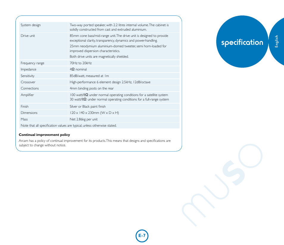 Mu so, Specification | Arcam Muso User Manual | Page 7 / 8