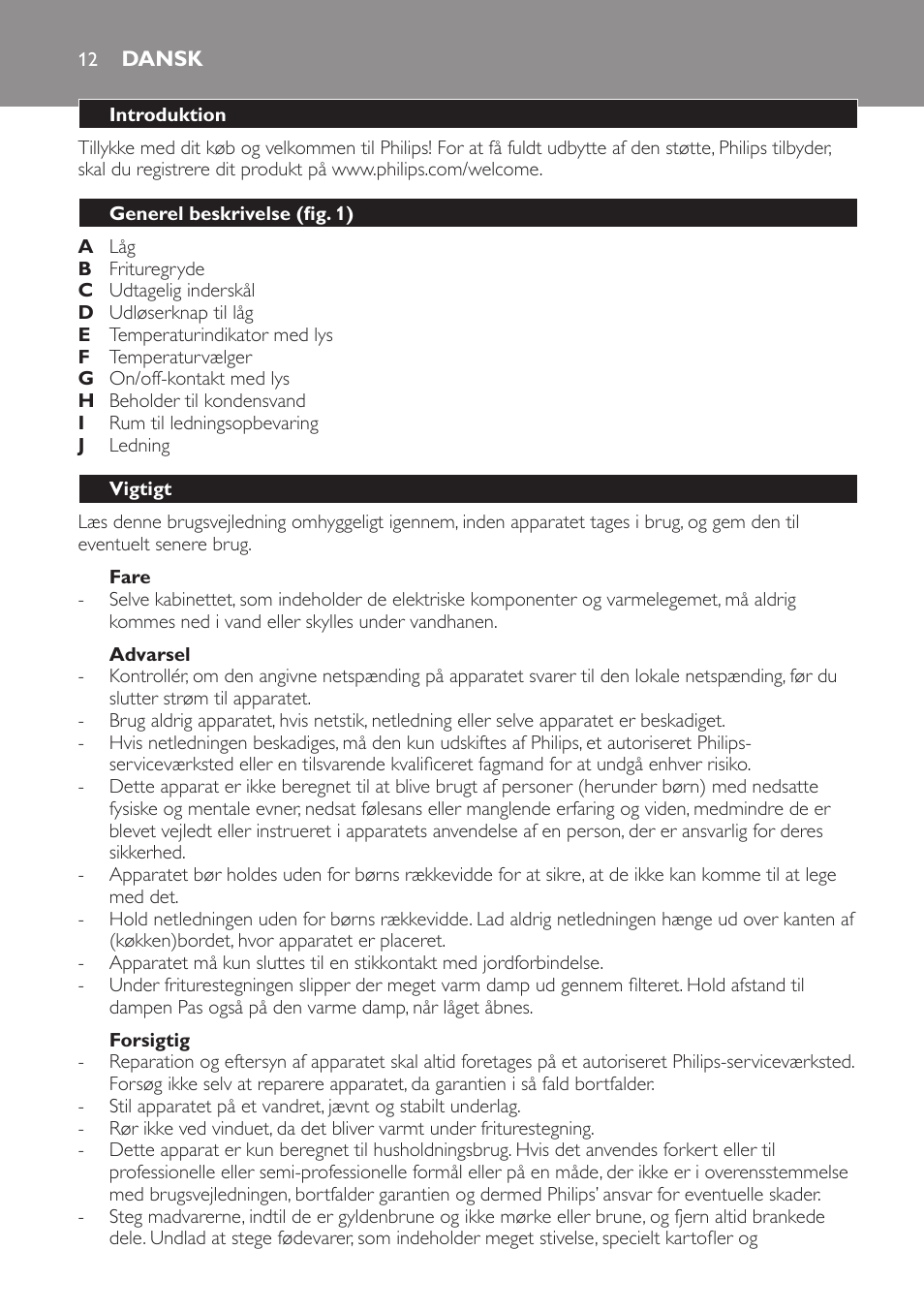 Fare, Advarsel, Forsigtig | Dansk, Introduktion, Generel beskrivelse (fig. 1), Vigtigt | Philips Friteuse User Manual | Page 12 / 76