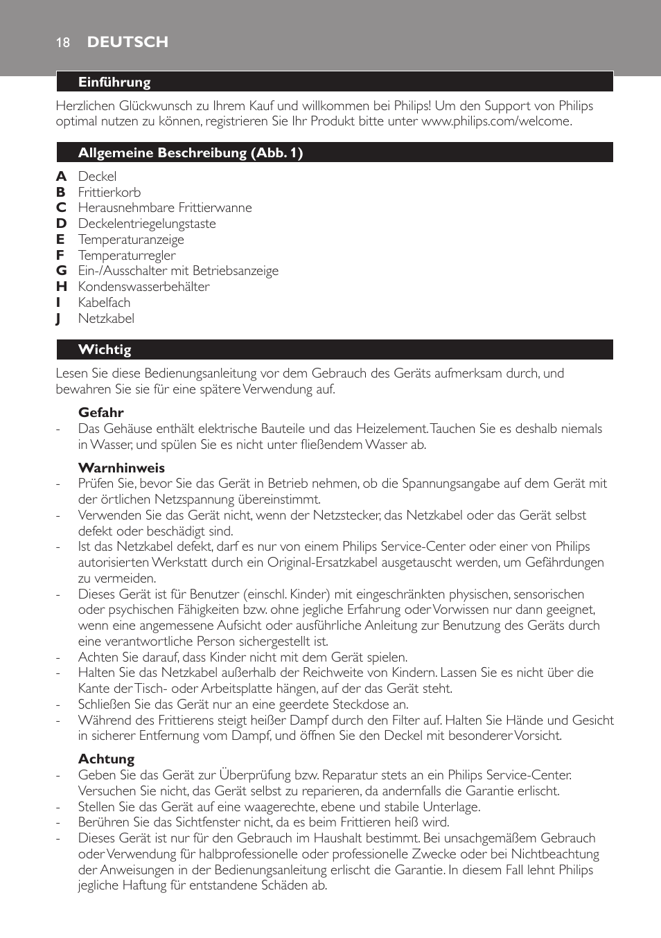 Gefahr, Warnhinweis, Achtung | Deutsch, Einführung, Allgemeine beschreibung (abb. 1), Wichtig | Philips Friteuse User Manual | Page 18 / 76