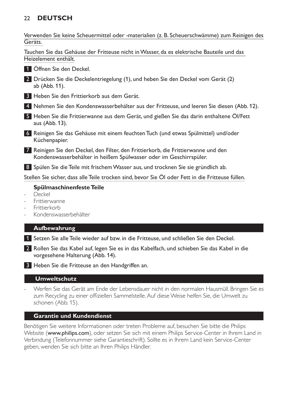 Spülmaschinenfeste teile, Aufbewahrung, Umweltschutz | Garantie und kundendienst | Philips Friteuse User Manual | Page 22 / 76