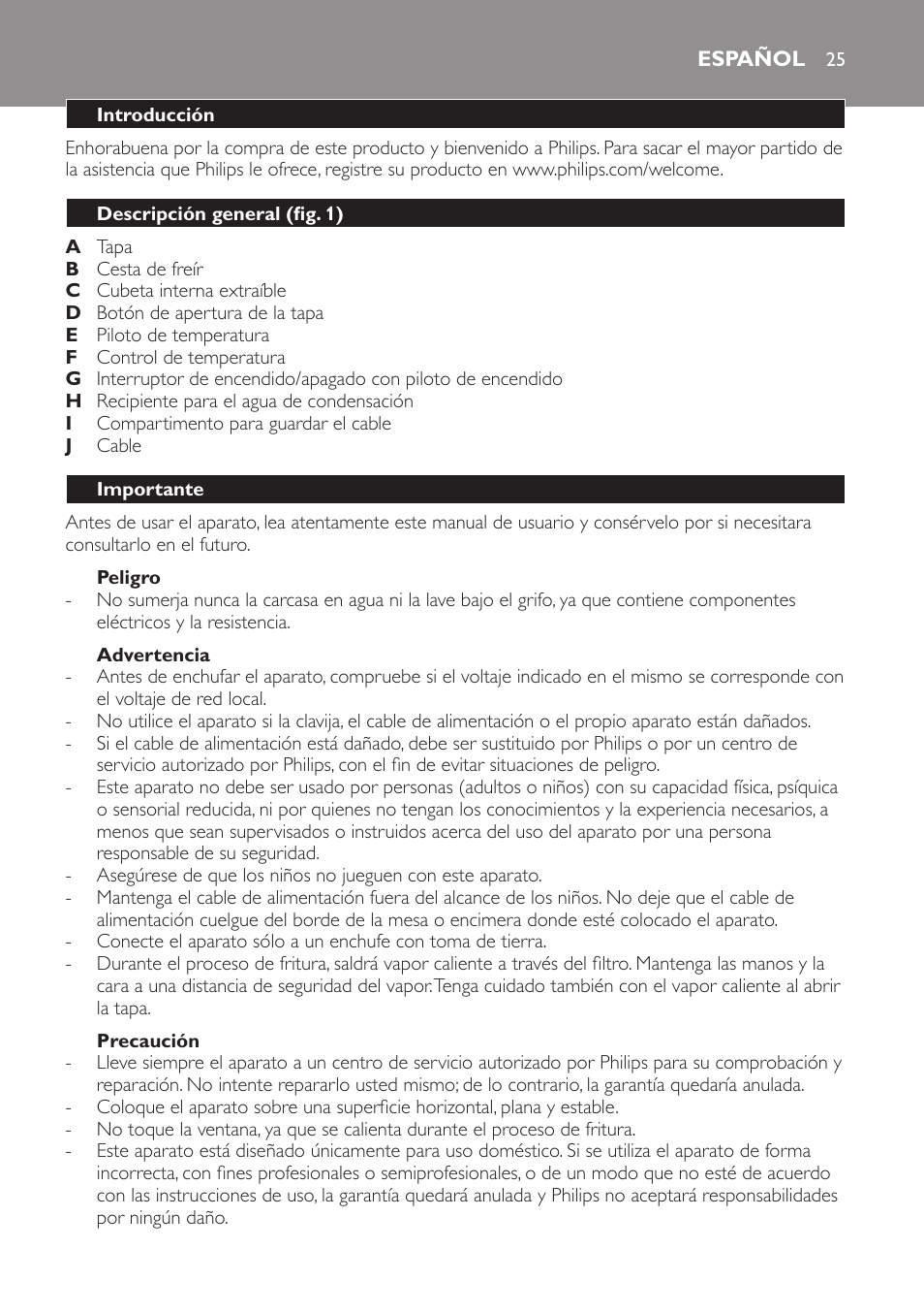 Peligro, Advertencia, Precaución | Español, Introducción, Descripción general (fig. 1), Importante | Philips Friteuse User Manual | Page 25 / 76