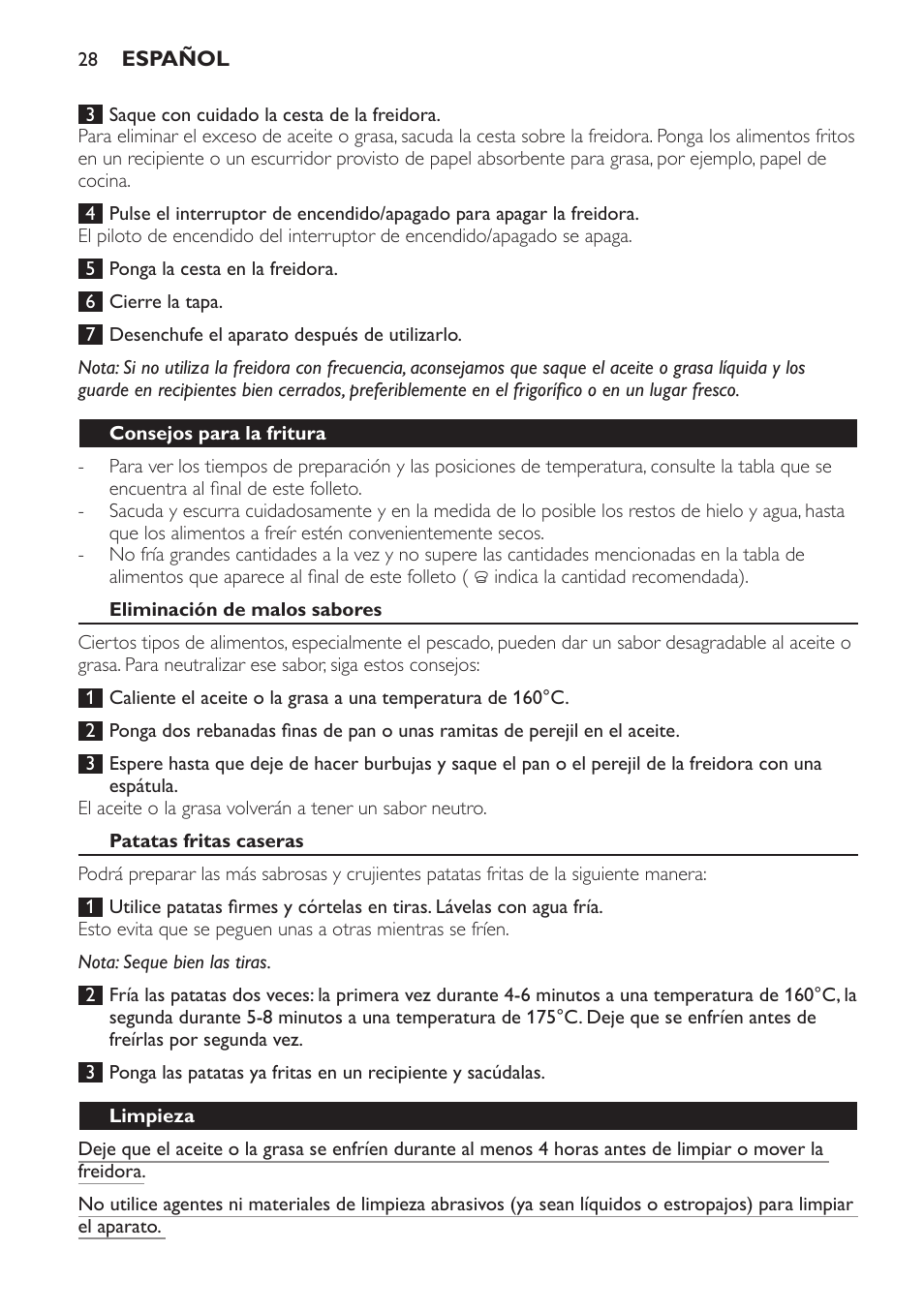 Consejos para la fritura, Eliminación de malos sabores, Patatas fritas caseras | Limpieza | Philips Friteuse User Manual | Page 28 / 76