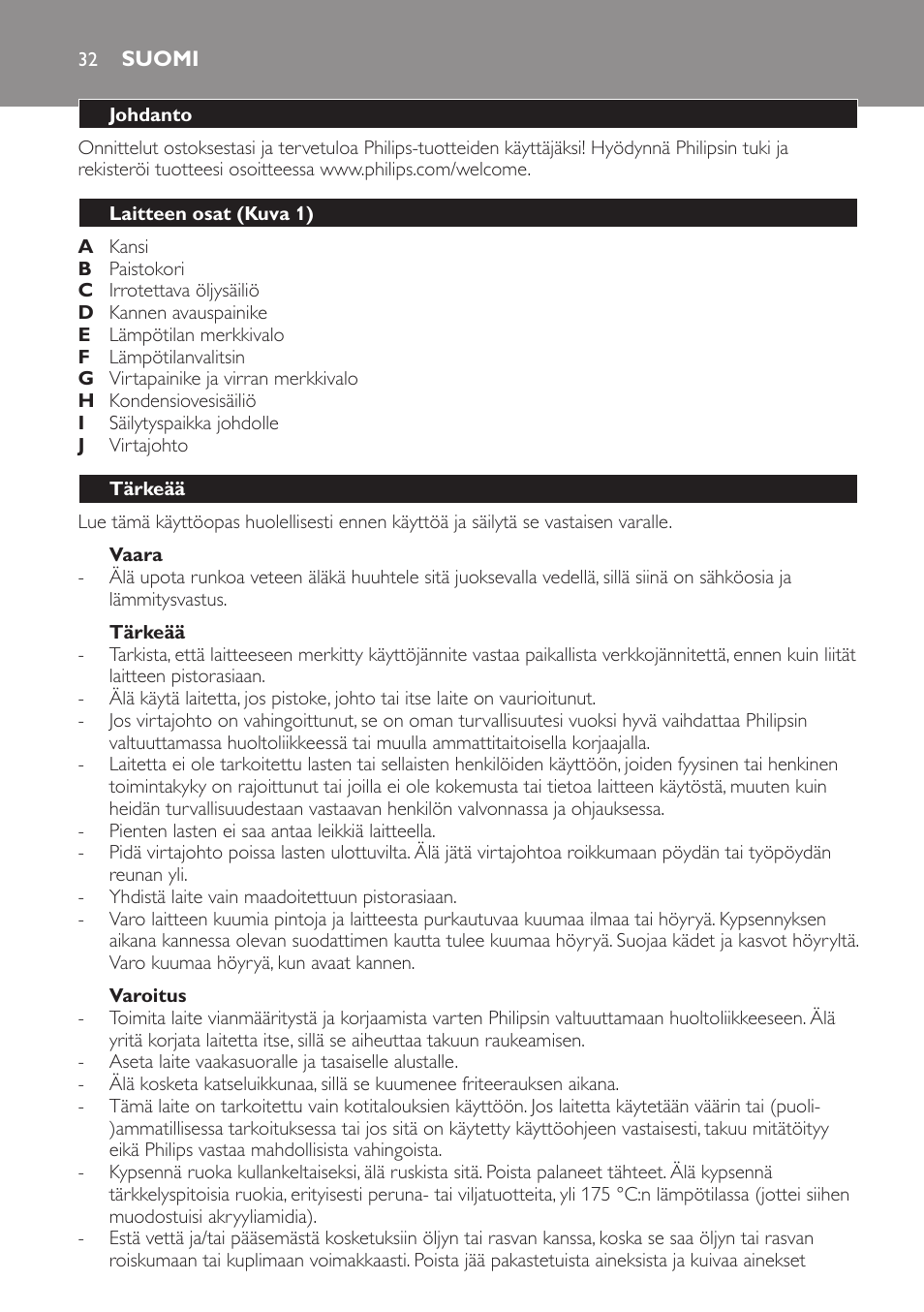 Vaara, Tärkeää, Varoitus | Suomi, Johdanto, Laitteen osat (kuva 1) | Philips Friteuse User Manual | Page 32 / 76