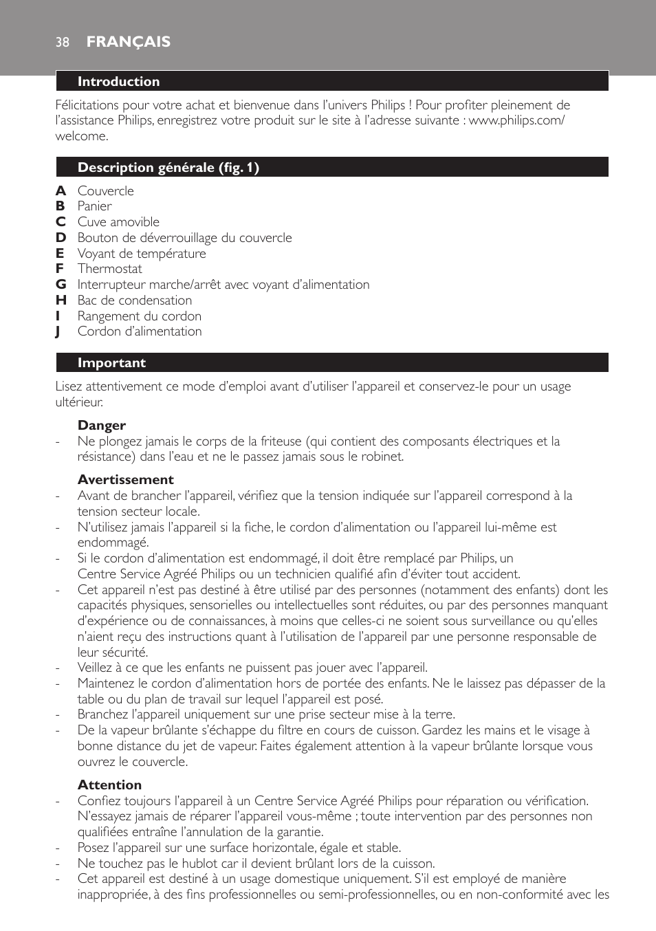 Danger, Avertissement, Attention | Français, Introduction, Description générale (fig. 1), Important | Philips Friteuse User Manual | Page 38 / 76