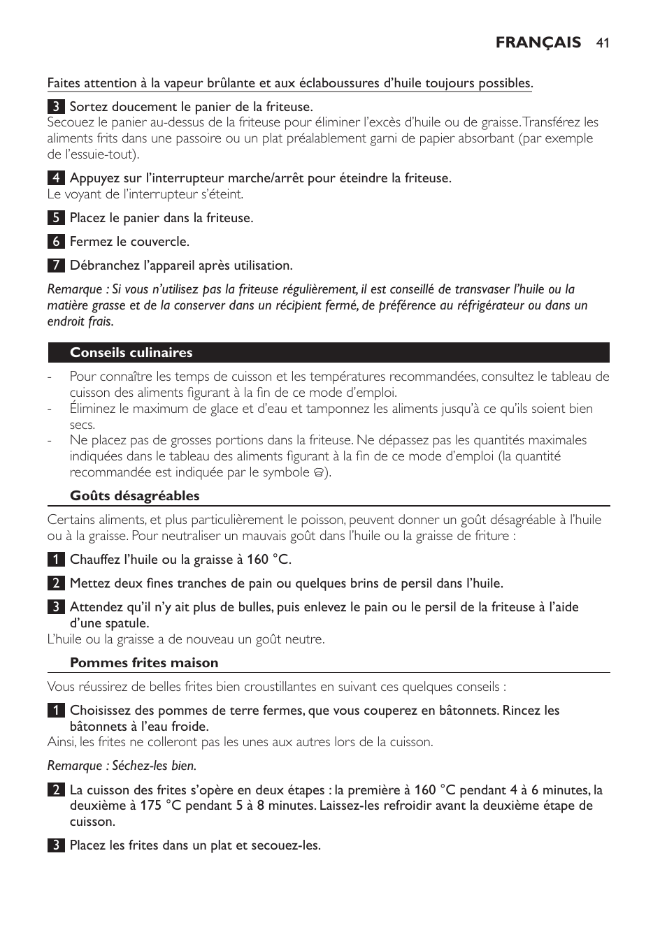 Conseils culinaires, Goûts désagréables, Pommes frites maison | Philips Friteuse User Manual | Page 41 / 76