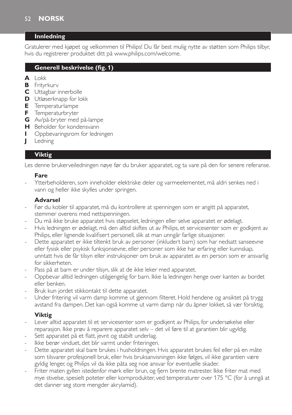 Fare, Advarsel, Viktig | Norsk, Innledning, Generell beskrivelse (fig. 1) | Philips Friteuse User Manual | Page 52 / 76