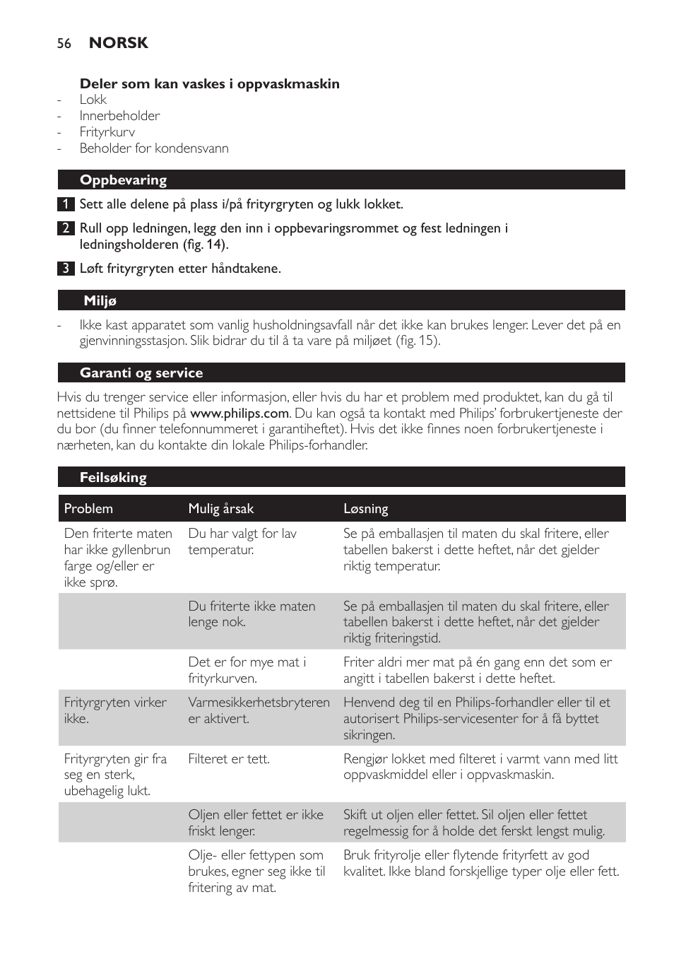 Oppbevaring, Miljø, Garanti og service | Feilsøking | Philips Friteuse User Manual | Page 56 / 76
