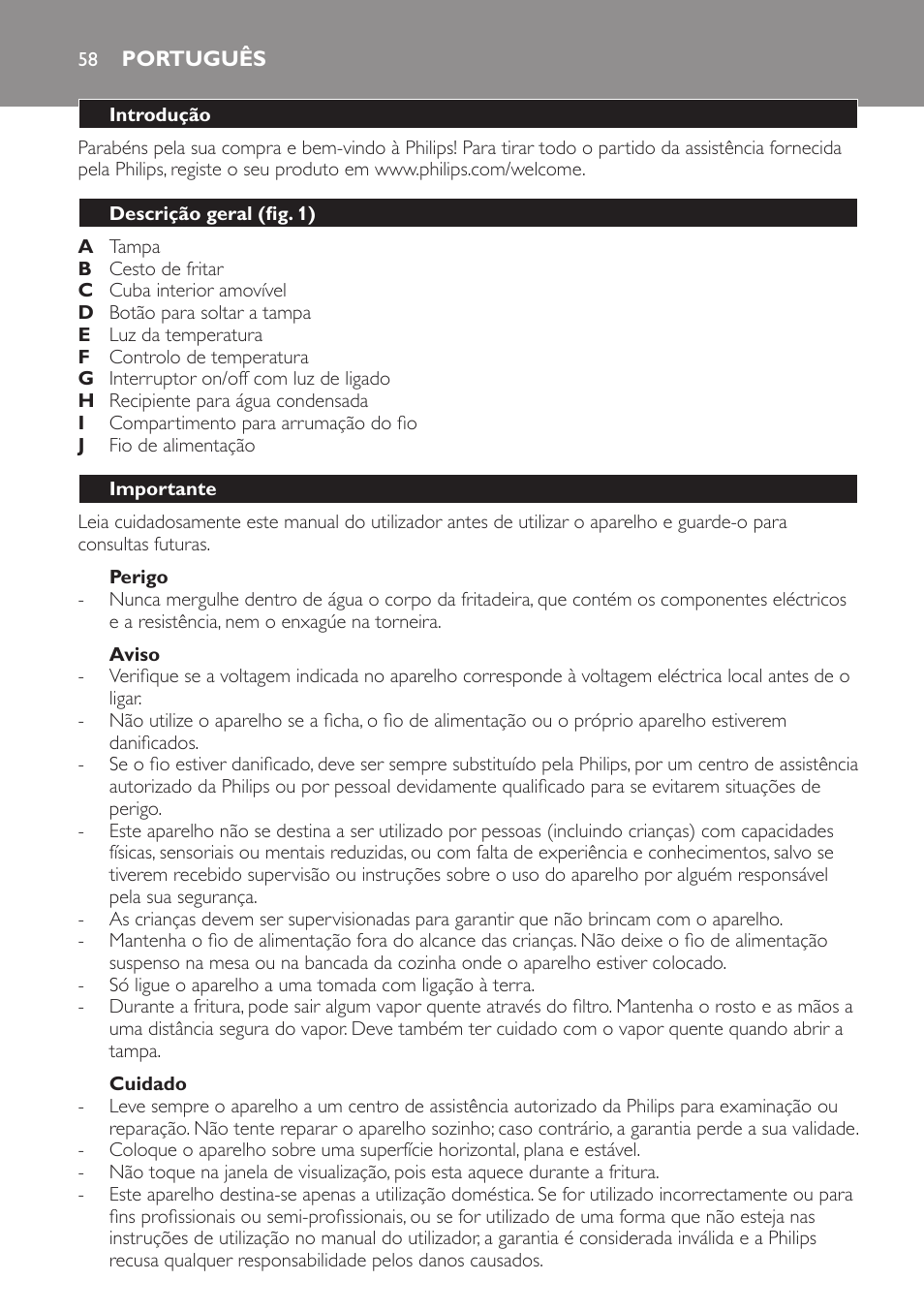 Perigo, Aviso, Cuidado | Português, Introdução, Descrição geral (fig. 1), Importante | Philips Friteuse User Manual | Page 58 / 76