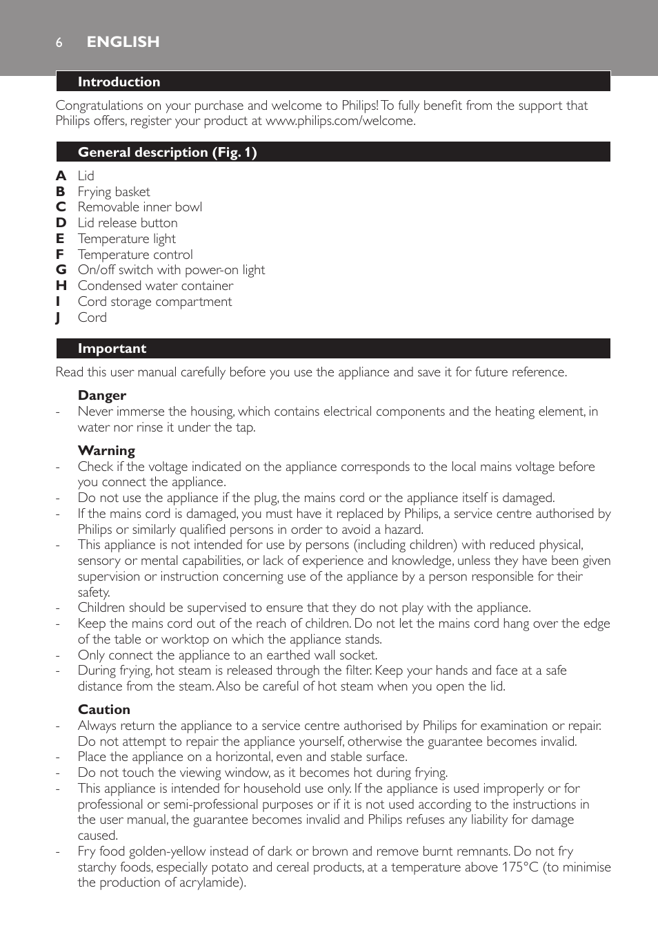 English, Introduction, General description (fig. 1) | Important, Danger, Warning, Caution | Philips Friteuse User Manual | Page 6 / 76