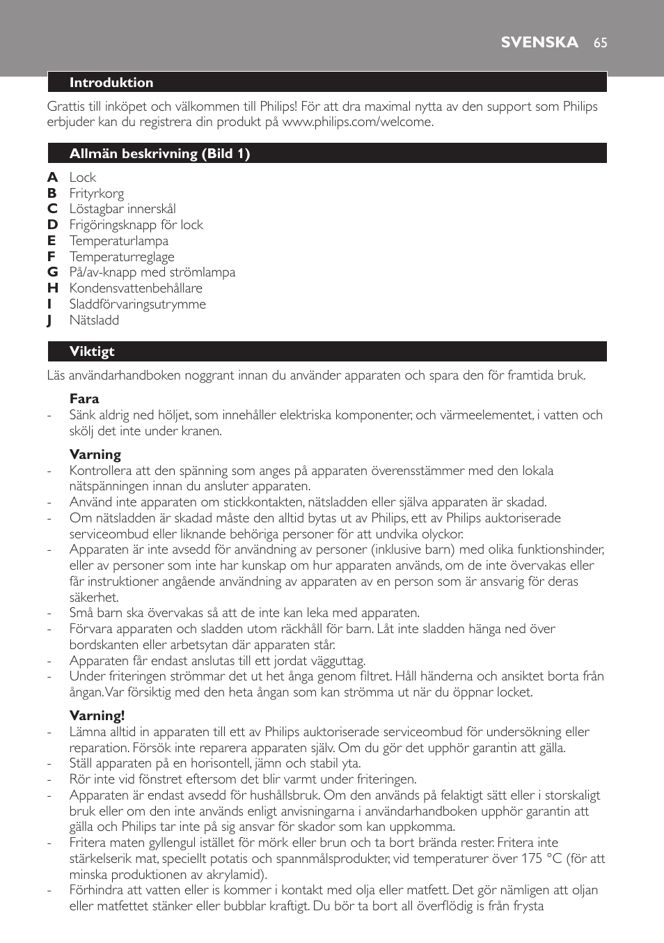 Fara, Varning, Svenska | Introduktion, Allmän beskrivning (bild 1), Viktigt | Philips Friteuse User Manual | Page 65 / 76
